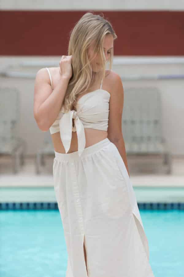 LAGOS BOW TIE TOP VANILLA & COMPORTA HIGH WAIST SKIRT VANILLA